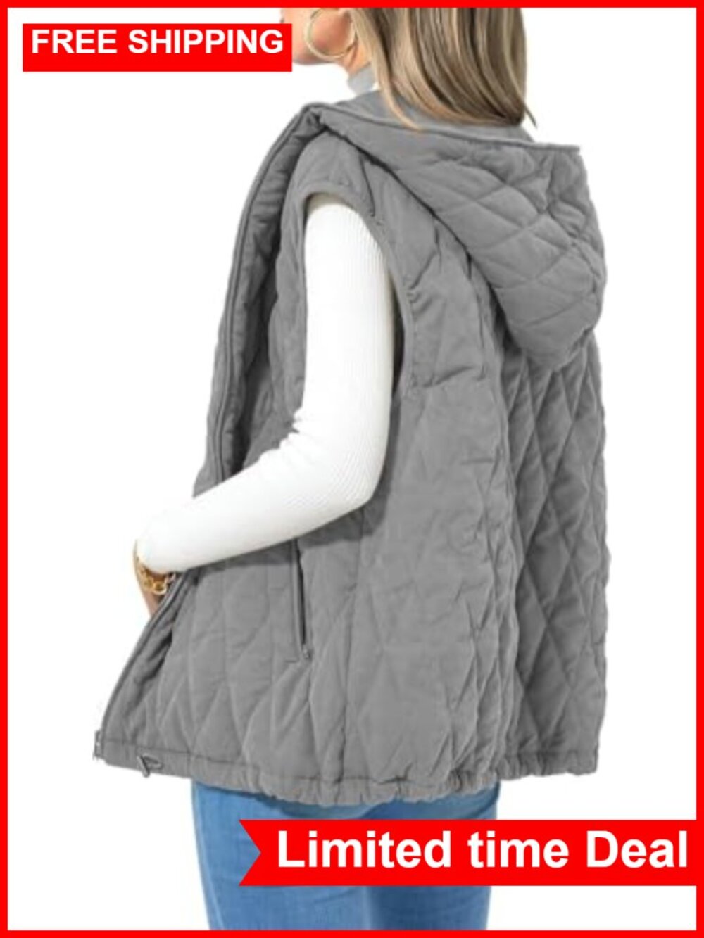 Oversized Quilted Puffer Vest Hooded Zip Up Sleeveless Fall Winter